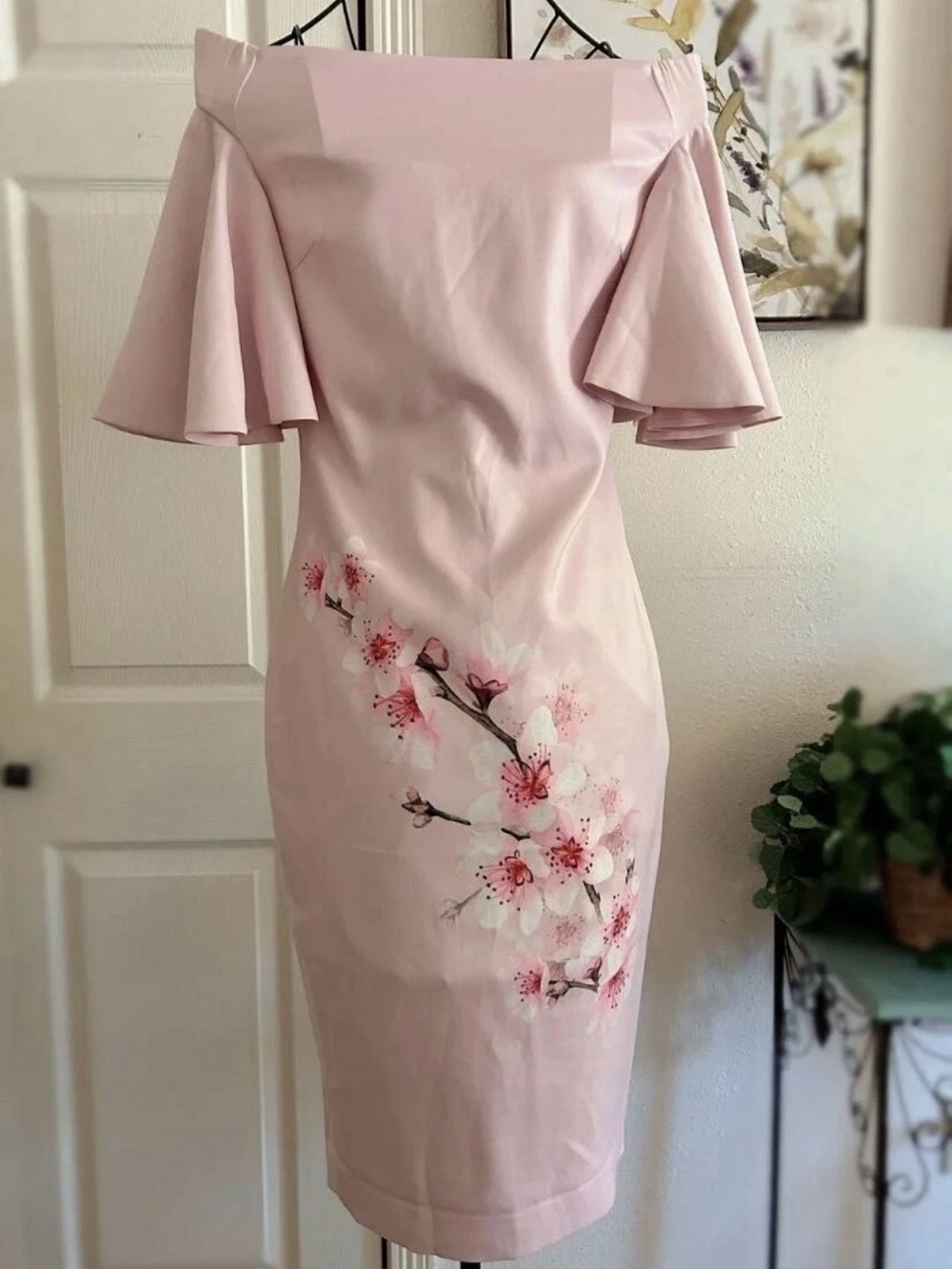 Ted Baker London Blush Pink Off-Shoulder Plum Bosom Dress with Flutter Sleeves